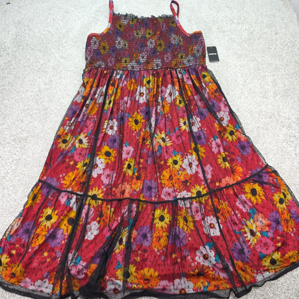 Torrid Womens Red Floral Mesh Smocked Tiered Midi Dress 2X 18-20 New 17647705